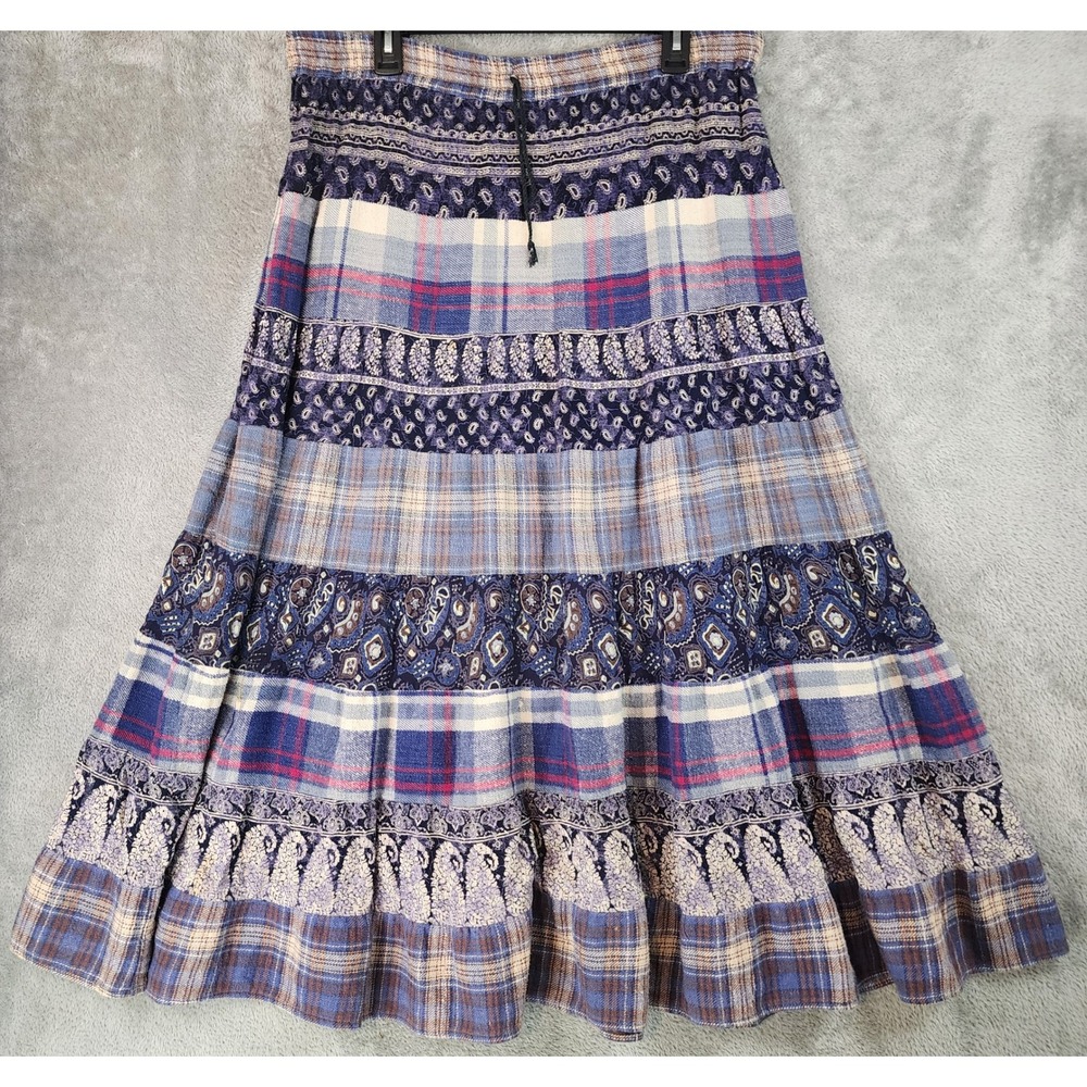 Tangibles Skirt Womens Size Medium Blue Plaid Paisley Tiered Boho Vintage Maxi